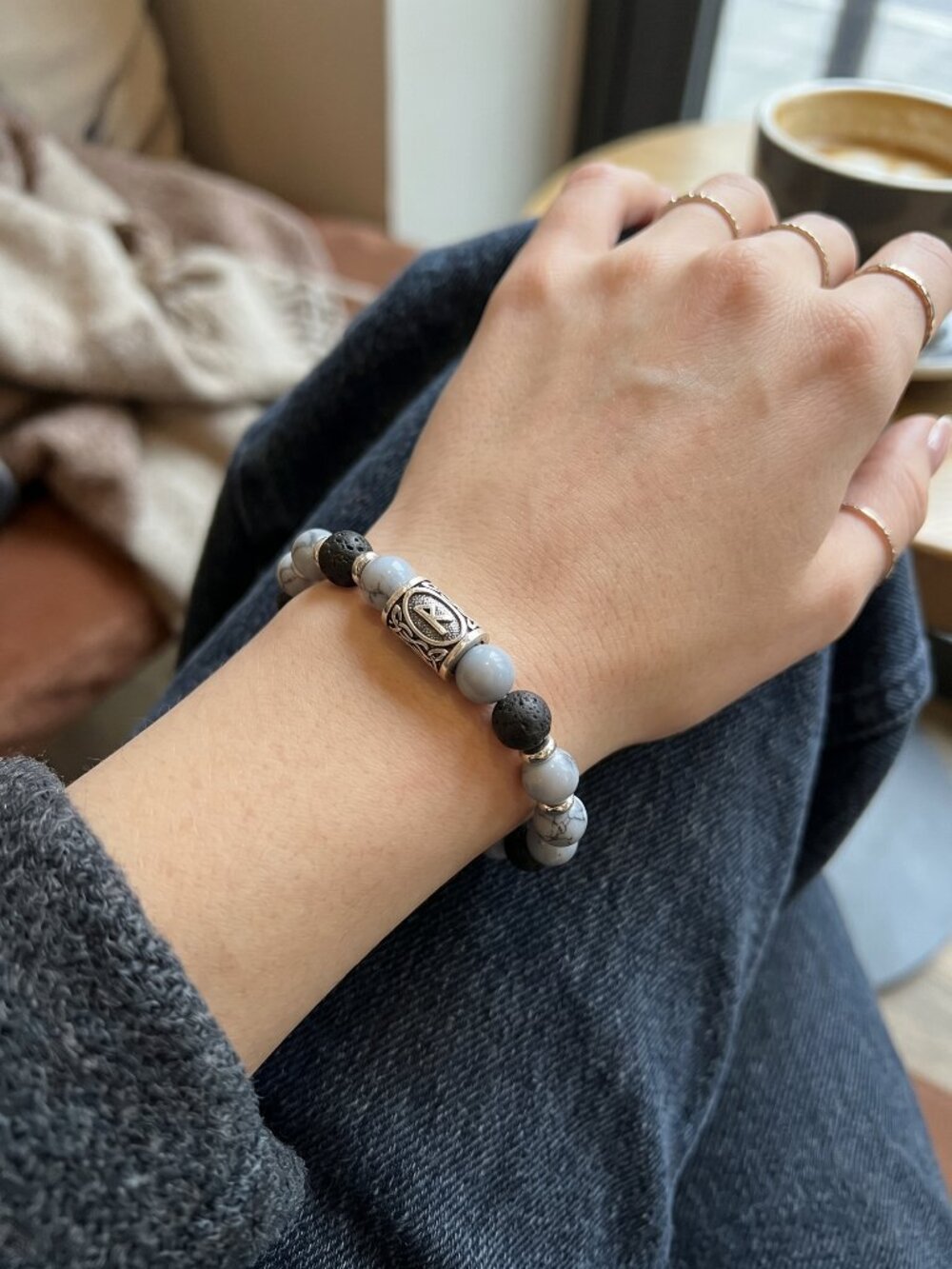 Unisex Stretch Bracelet - Grey Howlite & Lava Rock with Norse Rune Charm